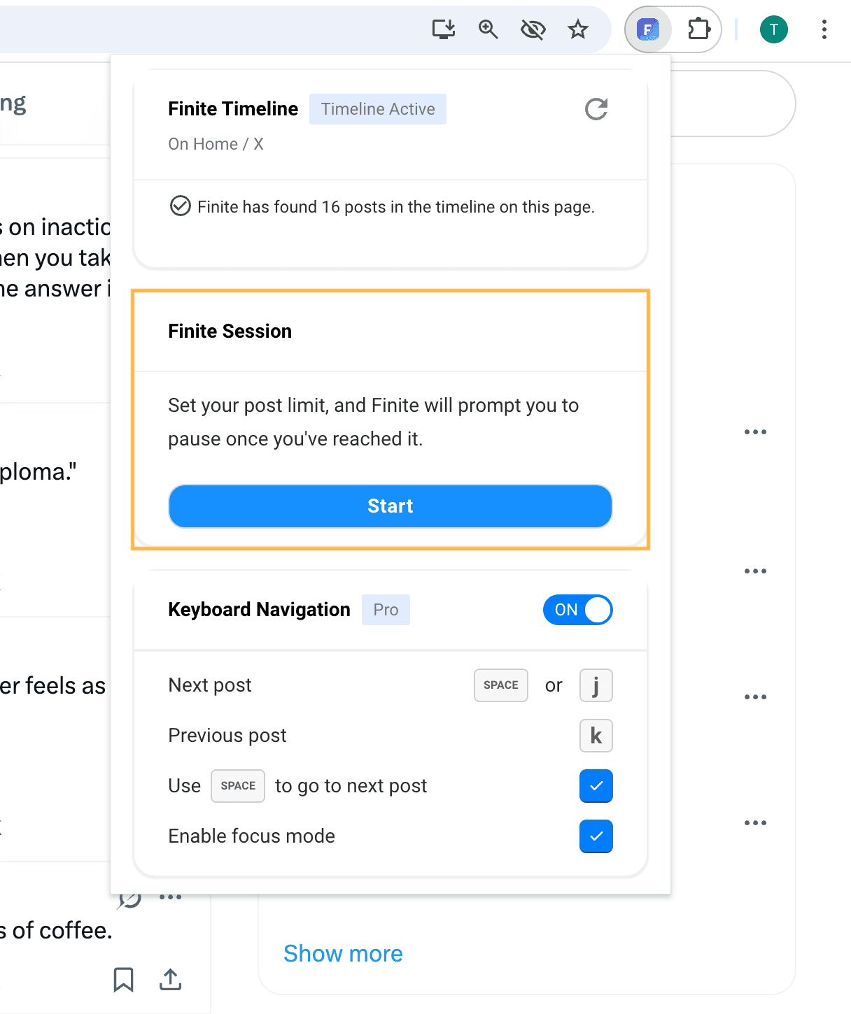 Start Finite session from the extension popup