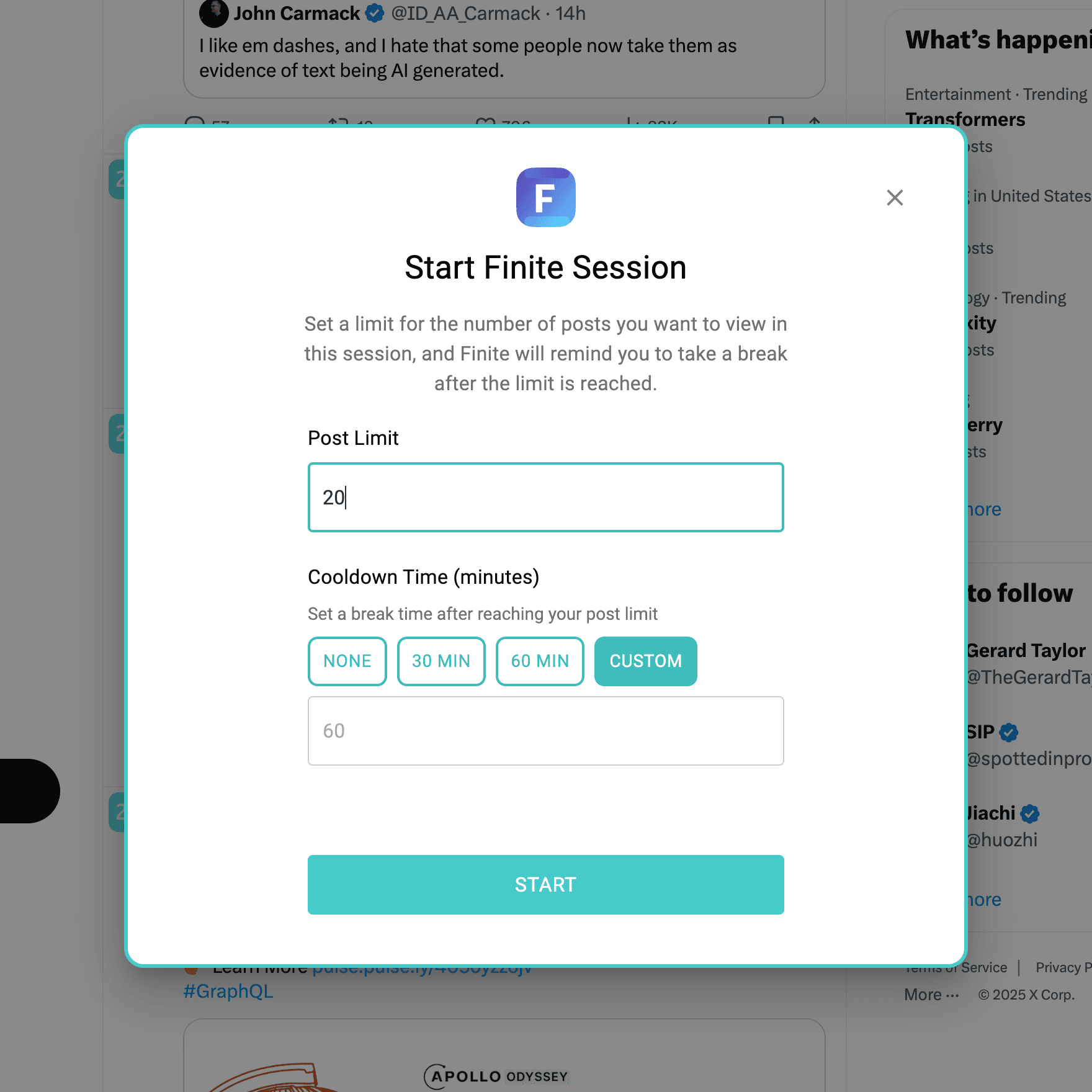Start Finite session dialog